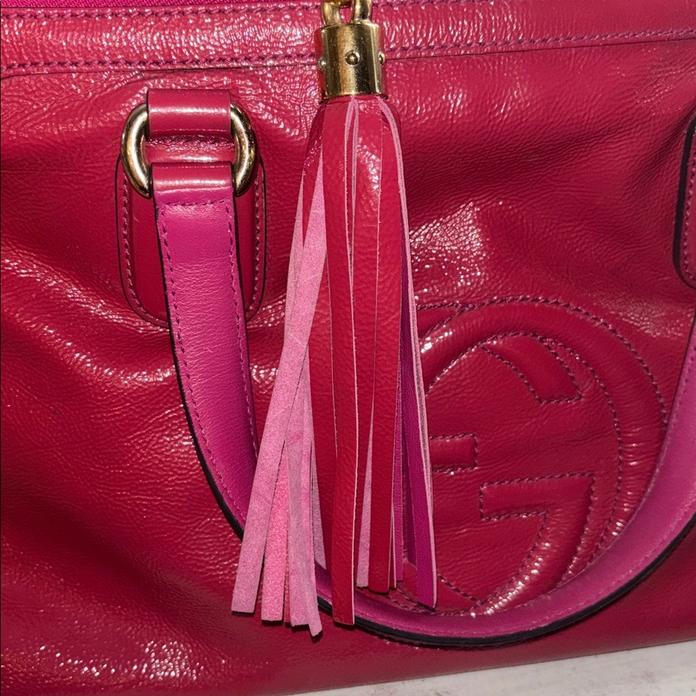 Gucci Soho Patent Leather Top Handle Bag Fuchsia Pink Interlocking G - Picture 14 of 14